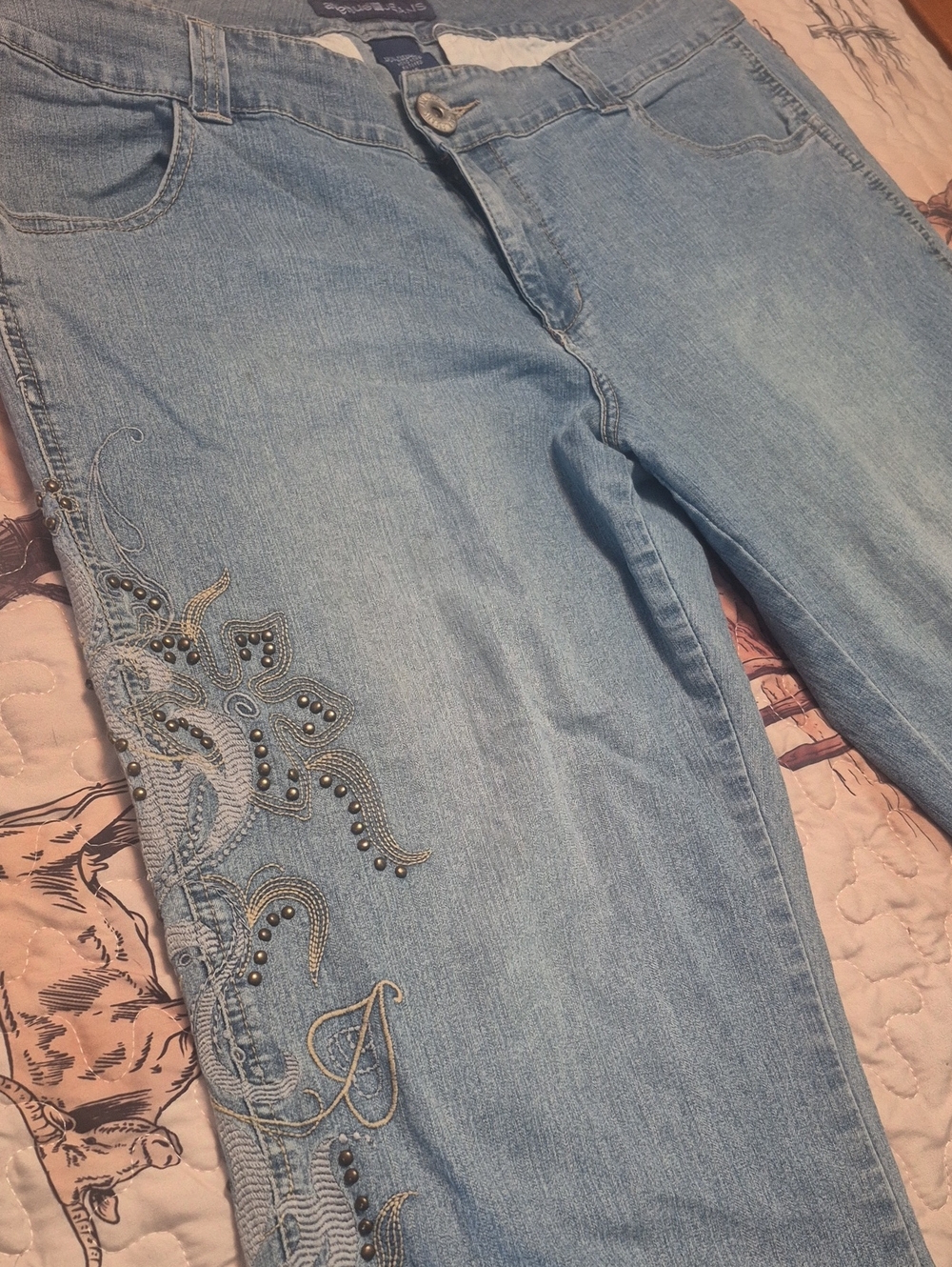 Avenue Light Blue Capri Jeans with Embroidered Stud Detail